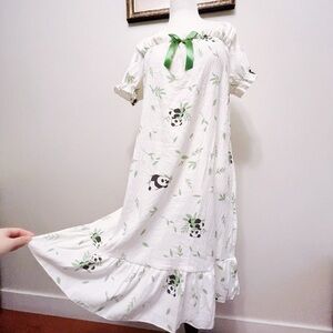 Cute Panda Print Cotton Nightgown with Green Bow | Built-In Pads | Relaxed Fit